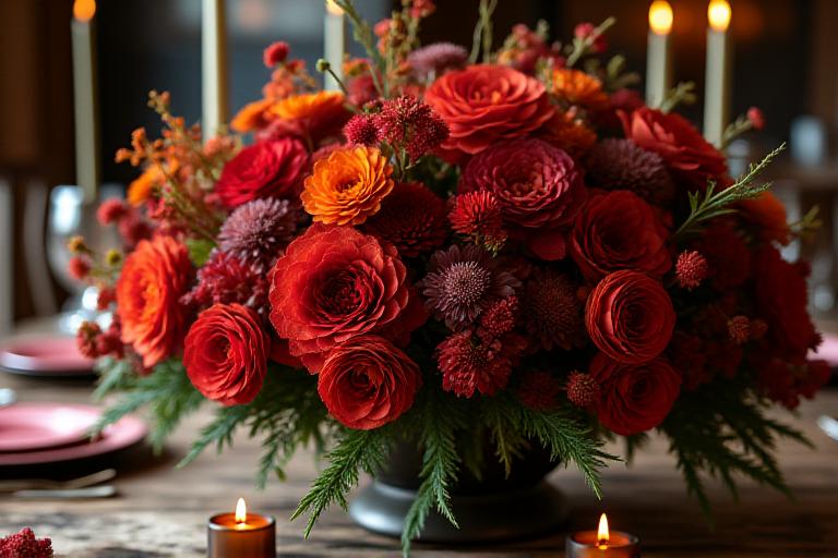 A dramatic autumn floral centerpiece with deep reds and oranges.