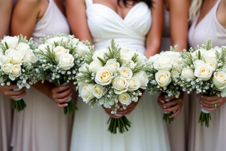 A collection of matching bridal and bridesmaid bouquets.