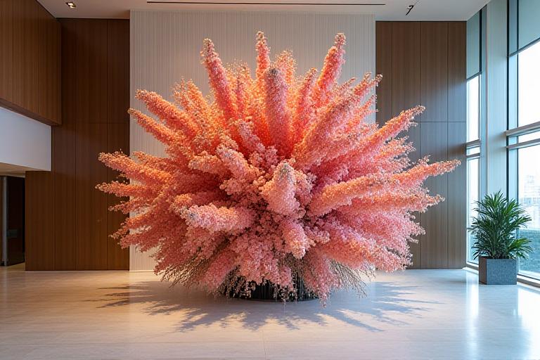 A large floral installation in a modern corporate lobby.